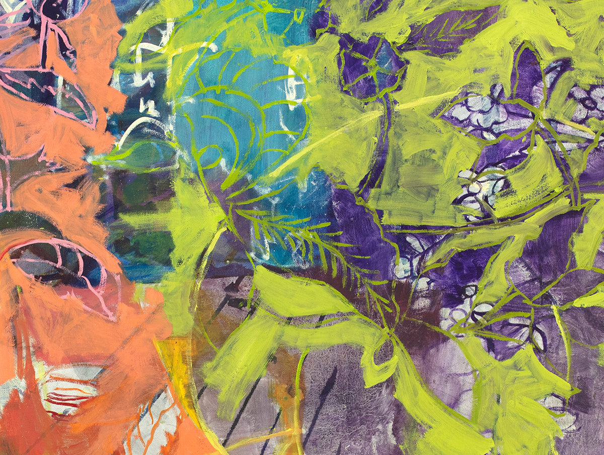 A detailed close up of the painting reveals purple floral motifs and a green fern pattern.