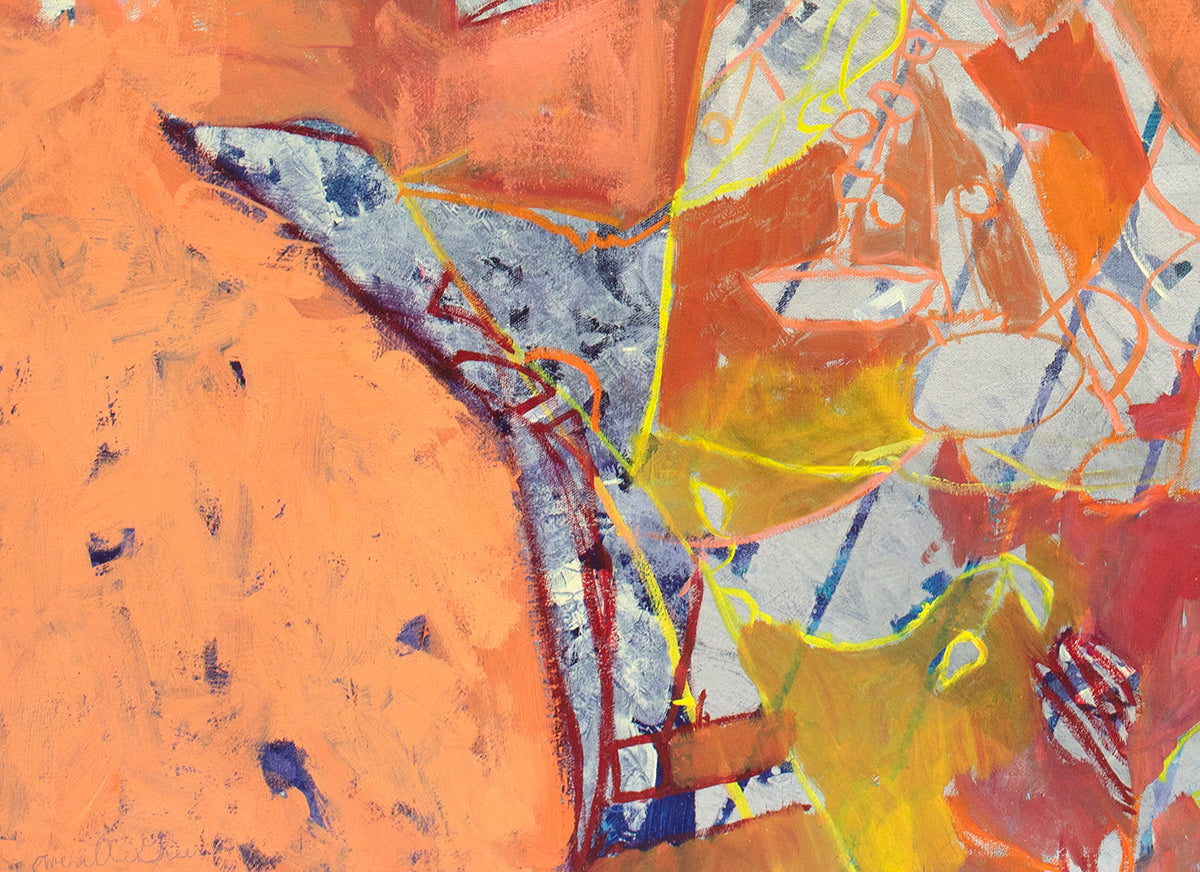 A detailed close up of the painting reveals orange irregular forms.