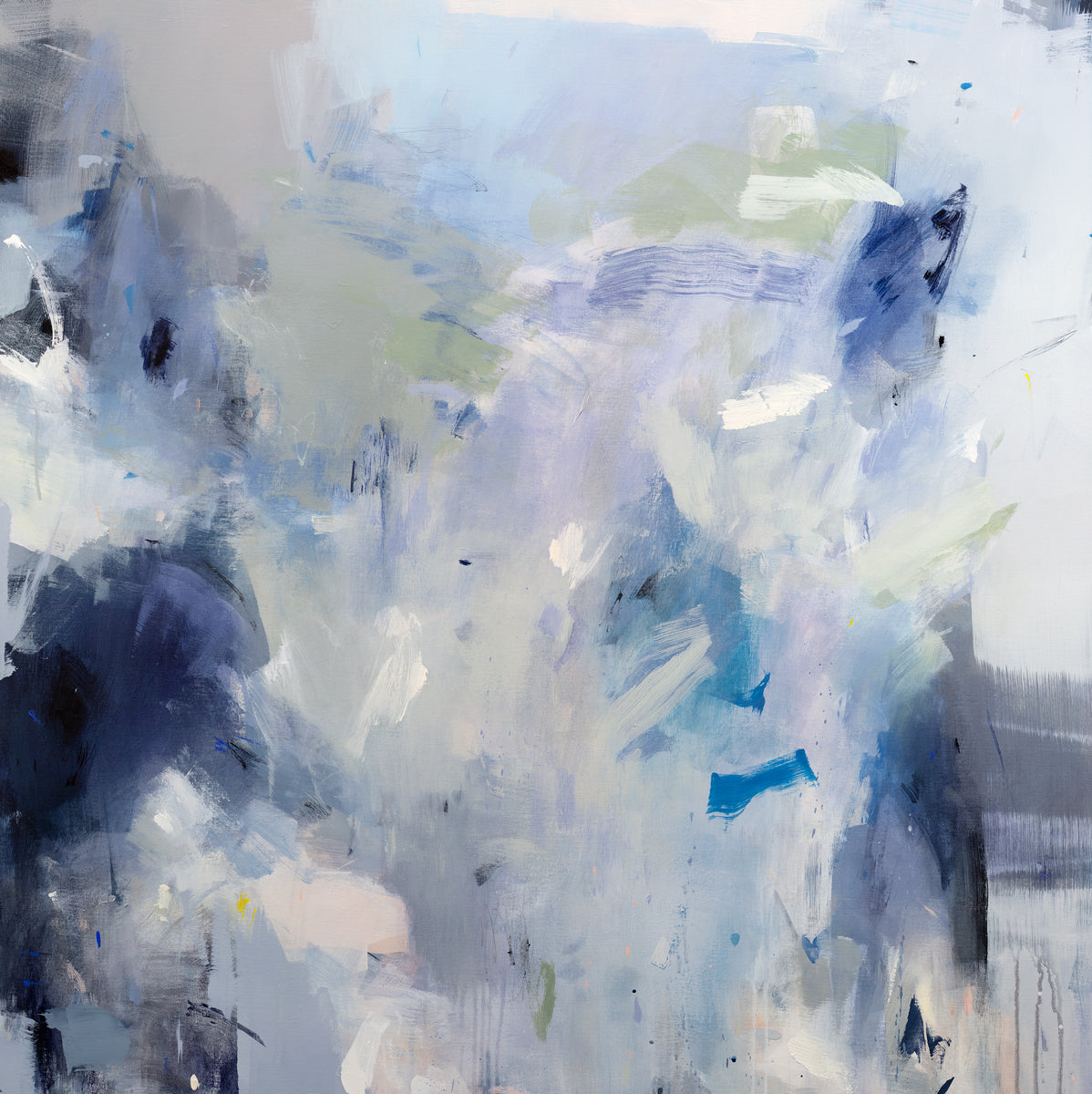 An abstract painting by Kelly Rossetti featuring blue, white and green brushstrokes. Wired and ready to hang.
