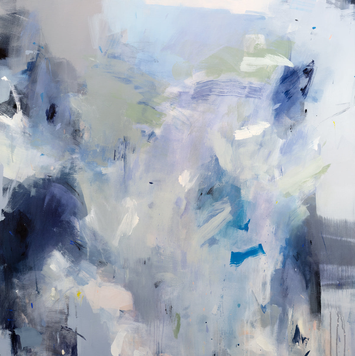 A blue, white, lavender and dark blue abstract print by Kelly Rossetti.