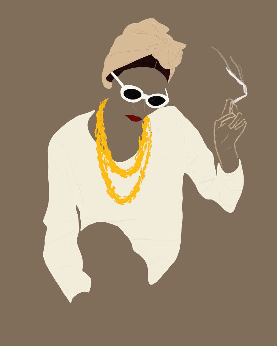 Pop art print of a woman wearing a beige head scarf, a white long sleeve shirt, gold necklaces, and black and white sunglasses holding a lite cigarette on a brown background. 