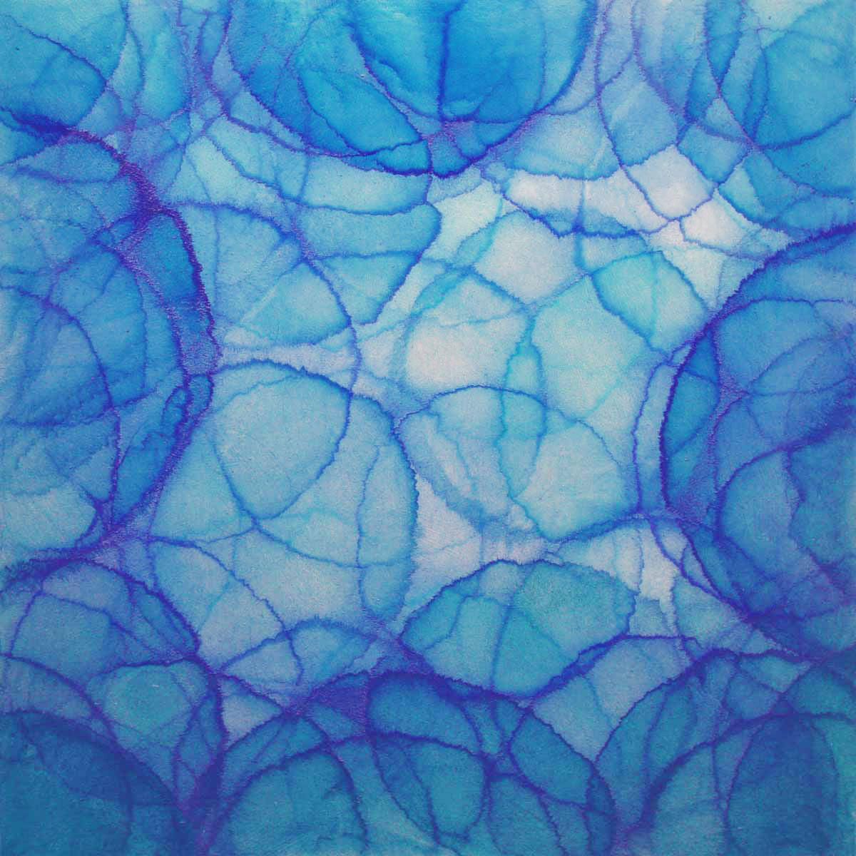 A 24x24 inch abstract artwork featuring geometric patterns in blue and purple hues on a metal leaf over a cradled birch panel.