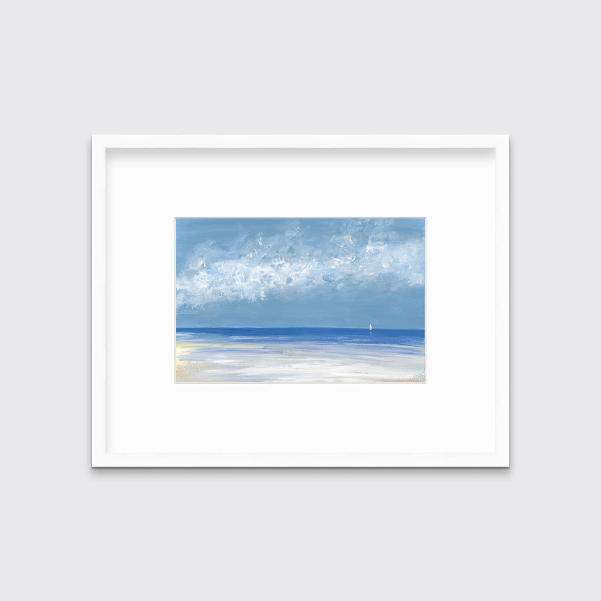 A blue, white and light blue abstract seascape in a white frame with a mat hangs on a white wall.