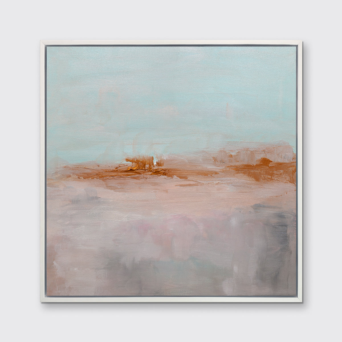 A teal, copper and dusty pink abstract print in a white floater frame on a white wall.