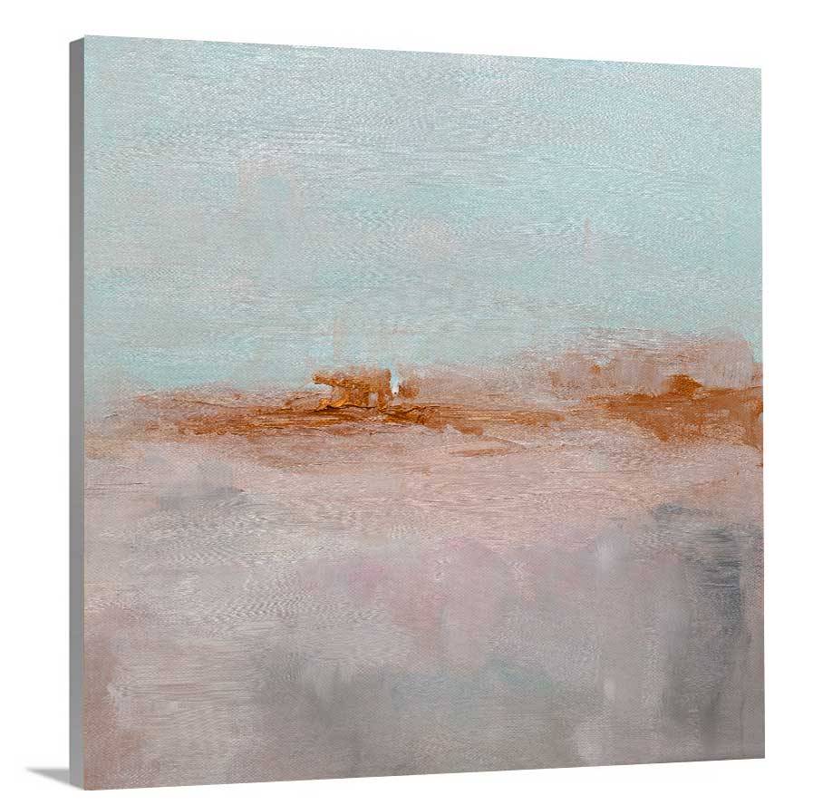 A side-angle view of a teal, copper and dusty pink abstract print on canvas.
