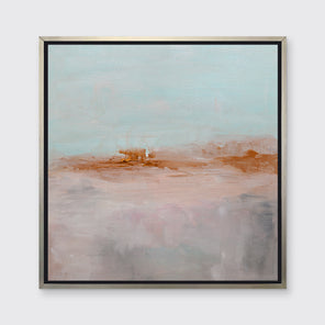 A teal, copper and dusty pink abstract print in a silver floater frame hangs on a white wall.