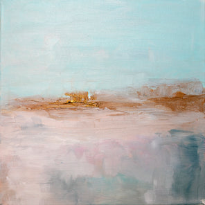 An abstract painting of a pink landscape with a golden horizon and light blue sky.