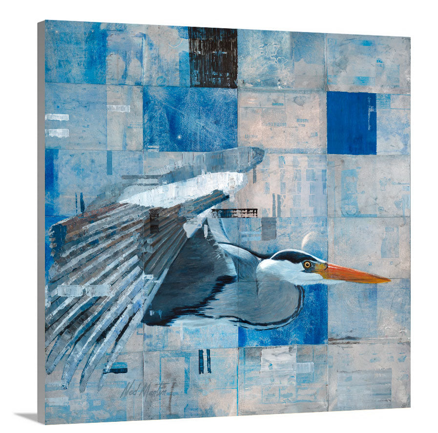 A side-view of an abstract blue heron print by Ned Martin on canvas.