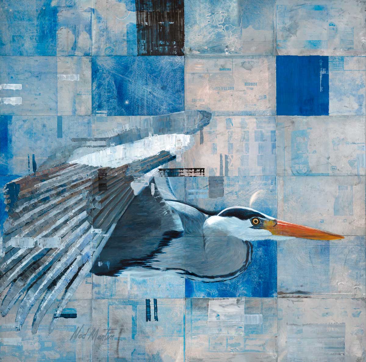 An abstracted blue heron print with a geometric blue and white background by Ned Martin.
