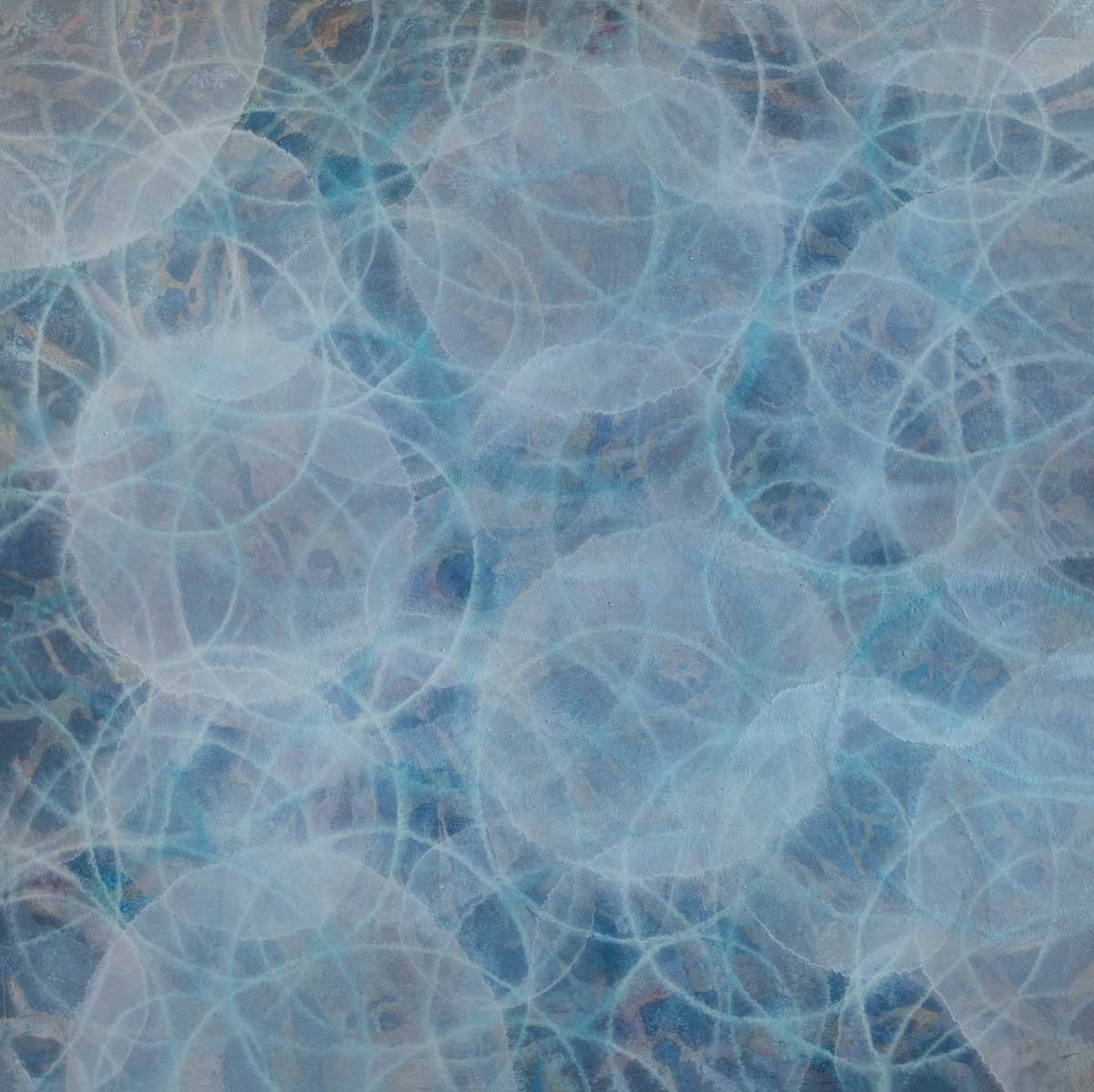 Layers of overlapping circles in hues of blue and white print by Roger Mudre.