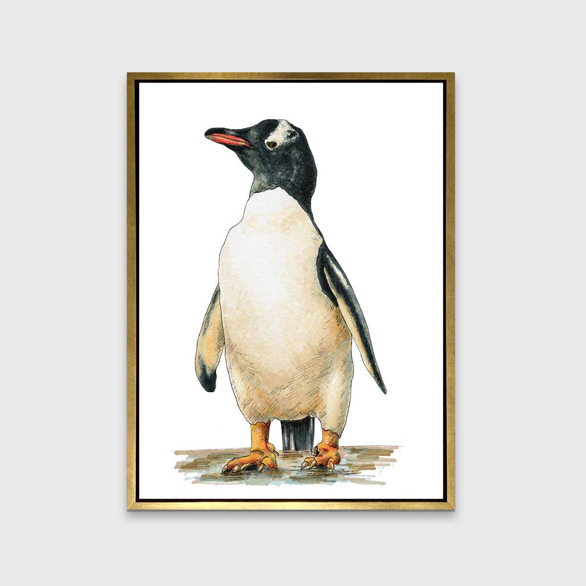 A penguin print in a gold floater frame hangs on a white wall.