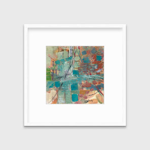 An abstract multicolored print, matted and framed in a white frame hanging on a light grey wall.