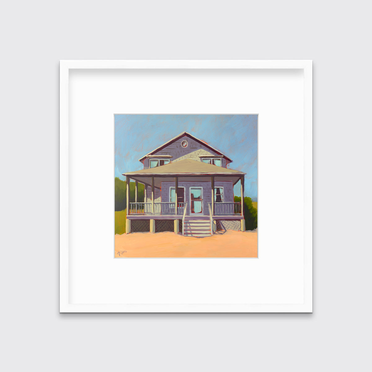 A blue, lavender and peach contemporary beach house print in a white frame with a mat hangs on a white wall.
