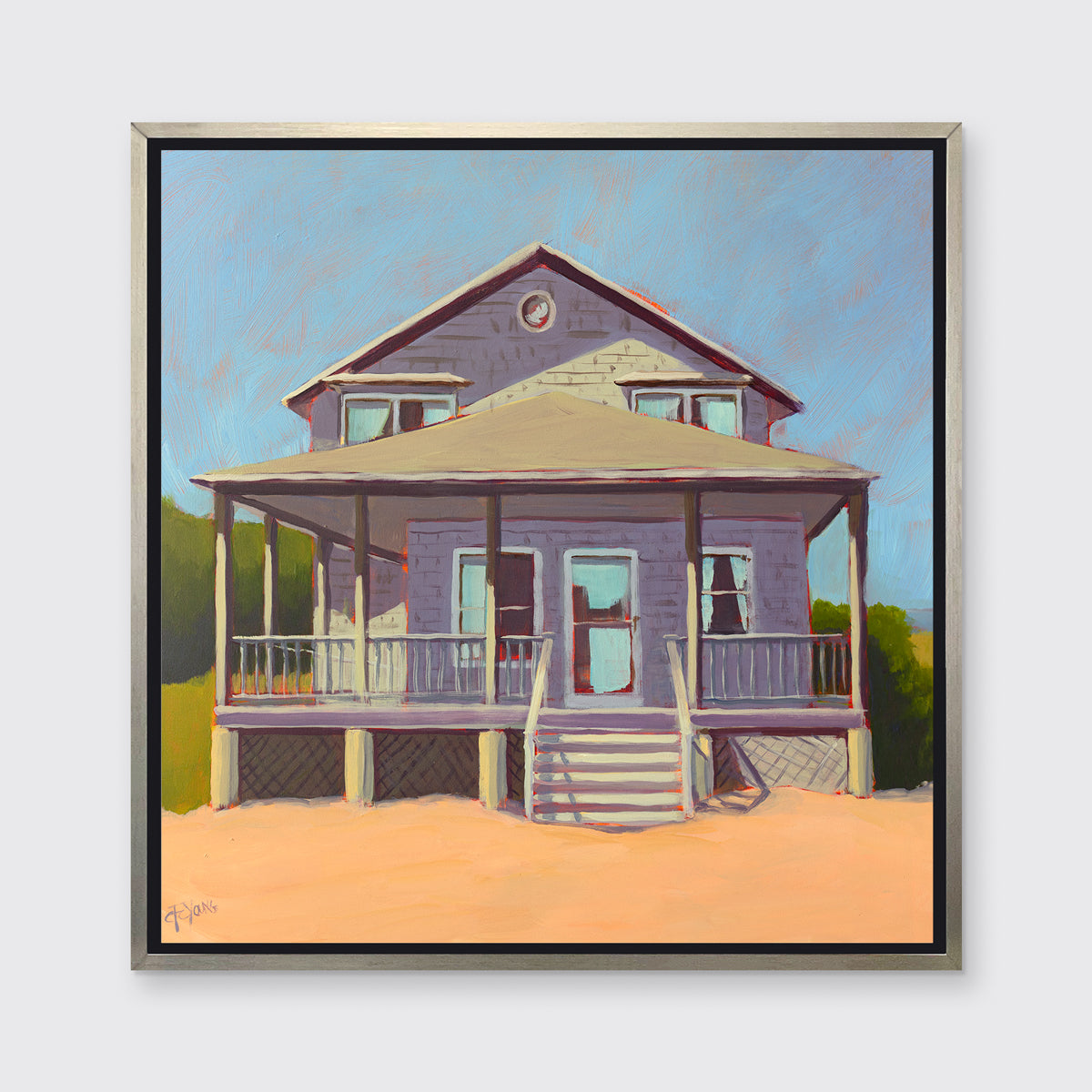 A blue, lavender and peach contemporary beach house print in a silver floater frame hangs on a white wall.