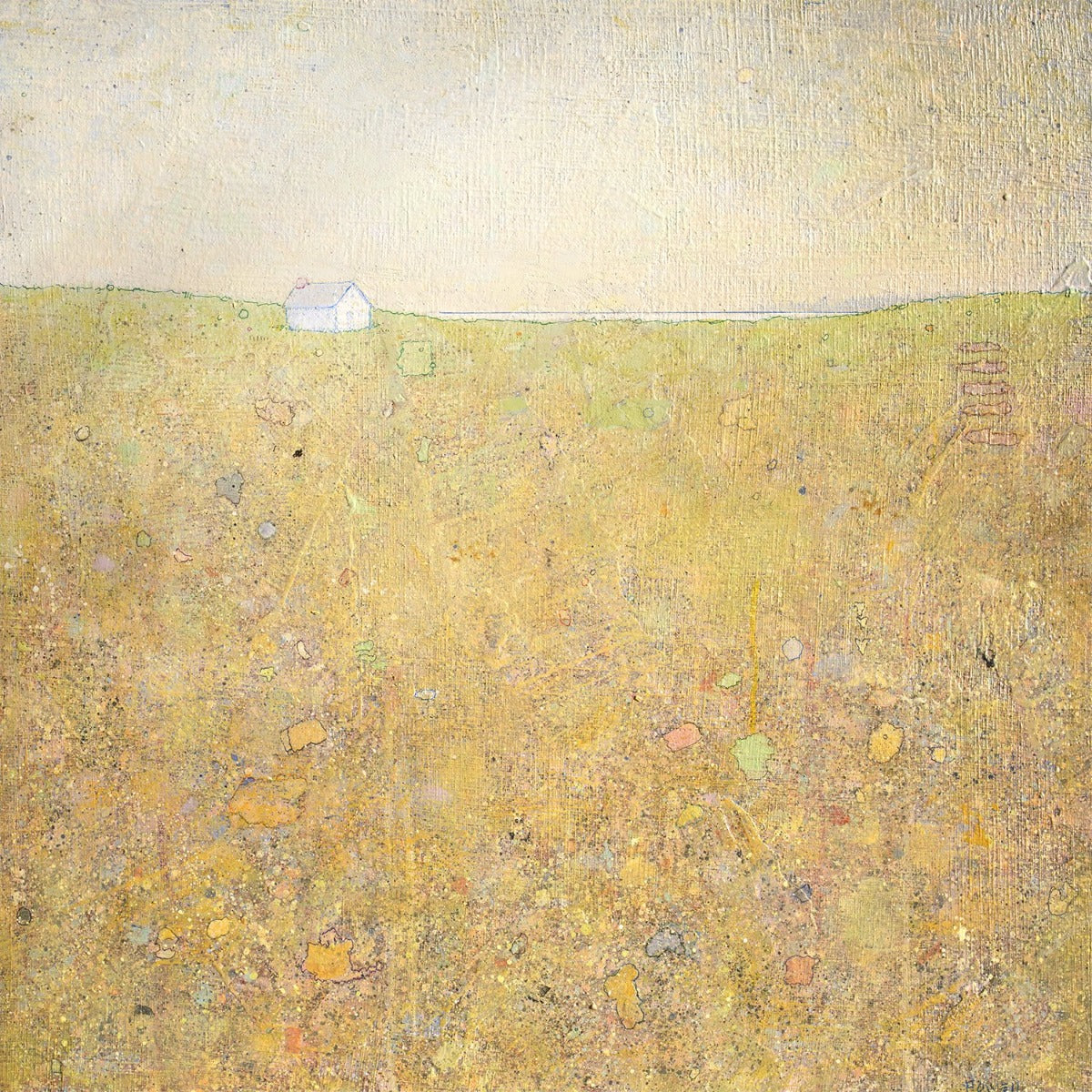 A grey-blue sky above a high horizon line of an abstract yellow landscape, with a small white house and mutlicolored accents.