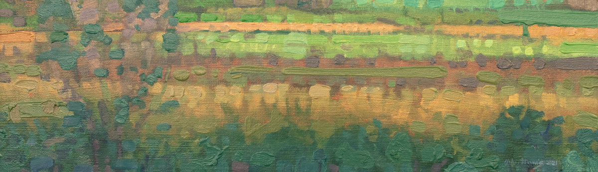 A green, yellow and deep orange abstract landscape print by John Harris.