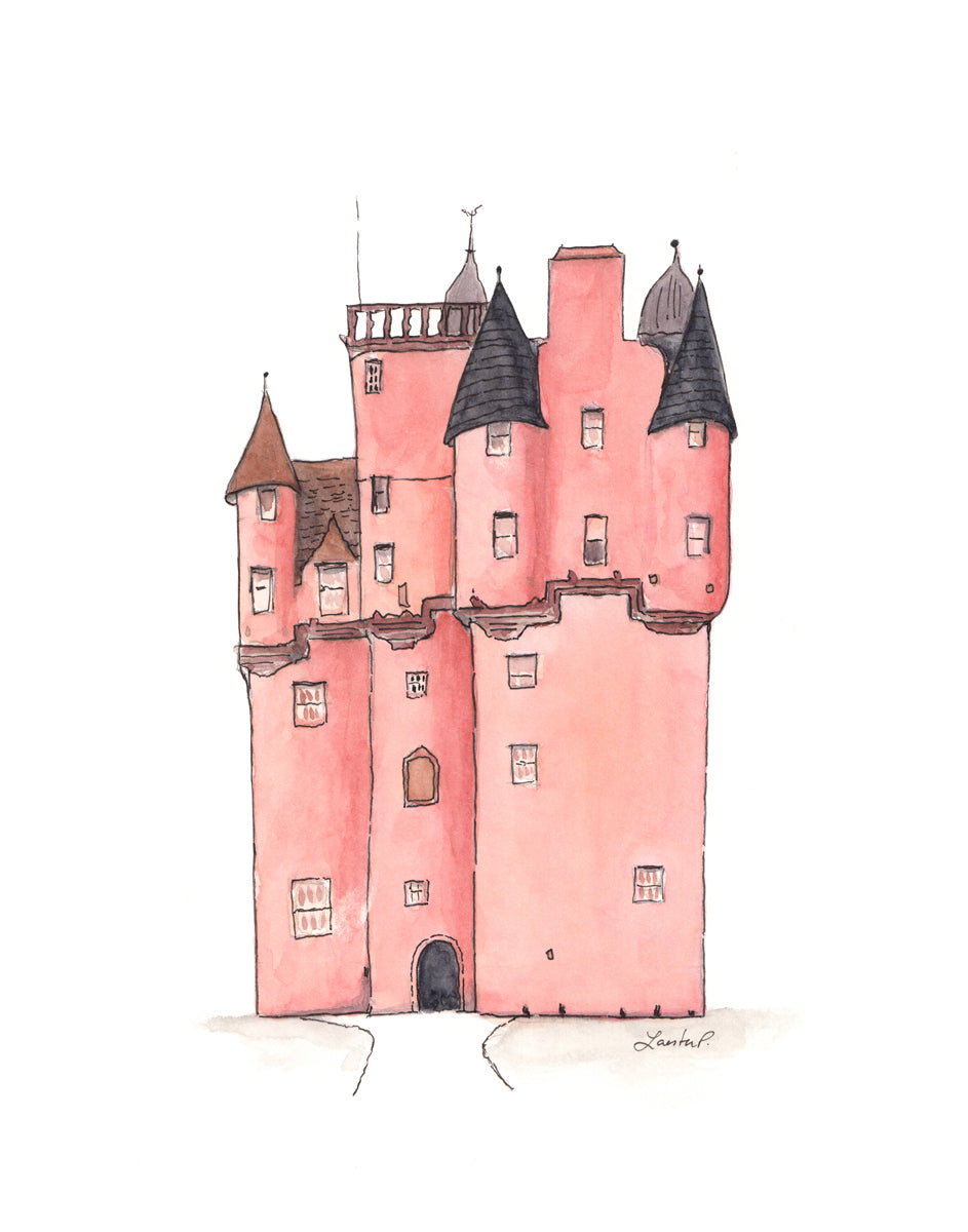 A pink and grey castle print by Laerta Premto.