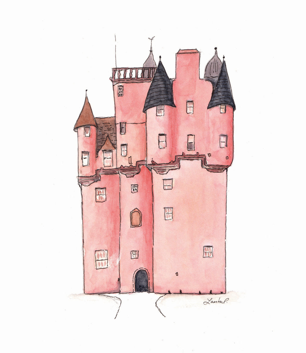 A pink, grey and brown illustration drawing of a castle by Laerta Premto.