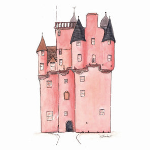 A pink, grey and brown illustration drawing of a castle by Laerta Premto.