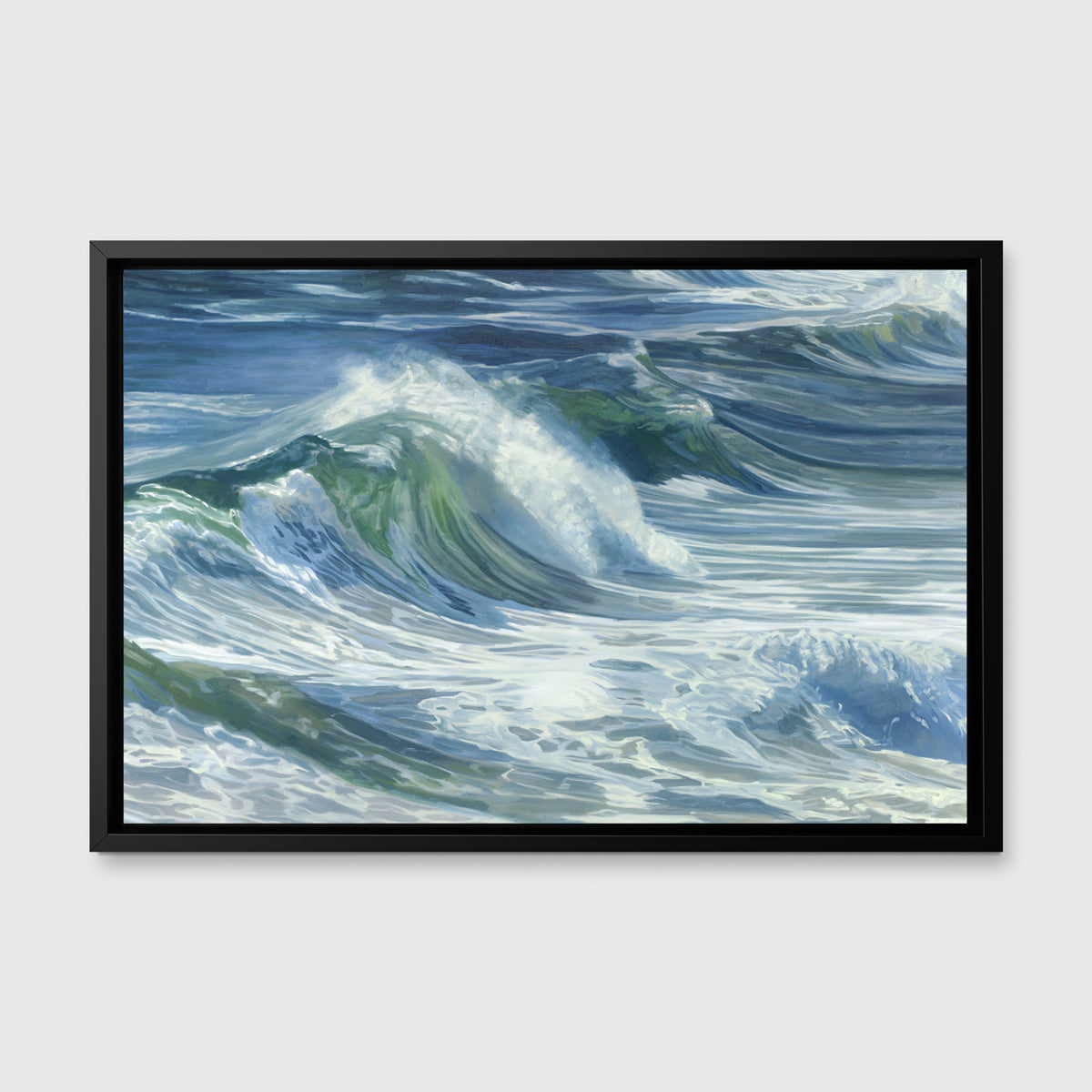 A blue abstract wave print in a black floater frame hangs on a white wall.