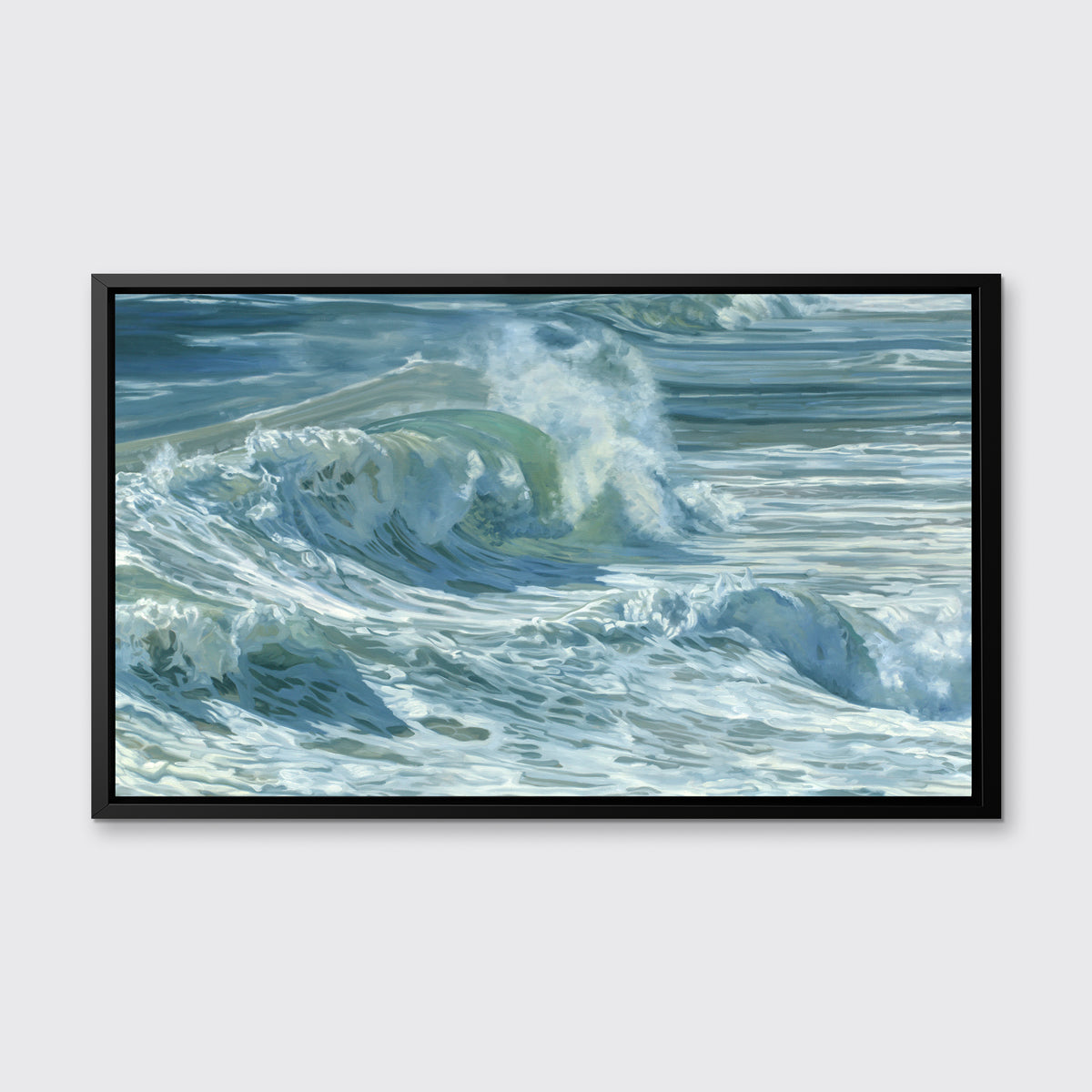 Rolling waves on a side angle with tones of blue, green and white staged in a black floater frame on a wall