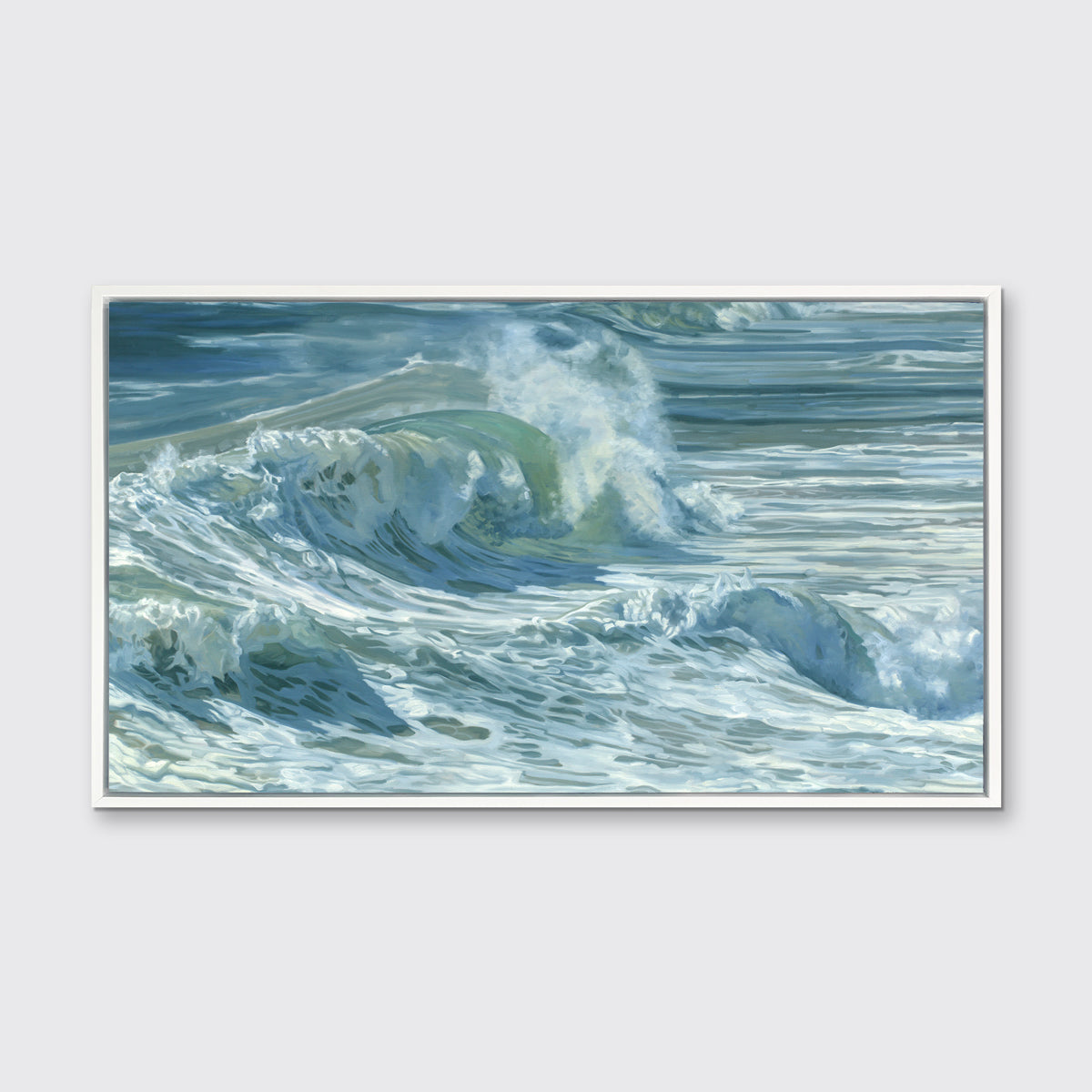 Rolling waves on a side angle with tones of blue, green and white staged in a white floater frame on a wall