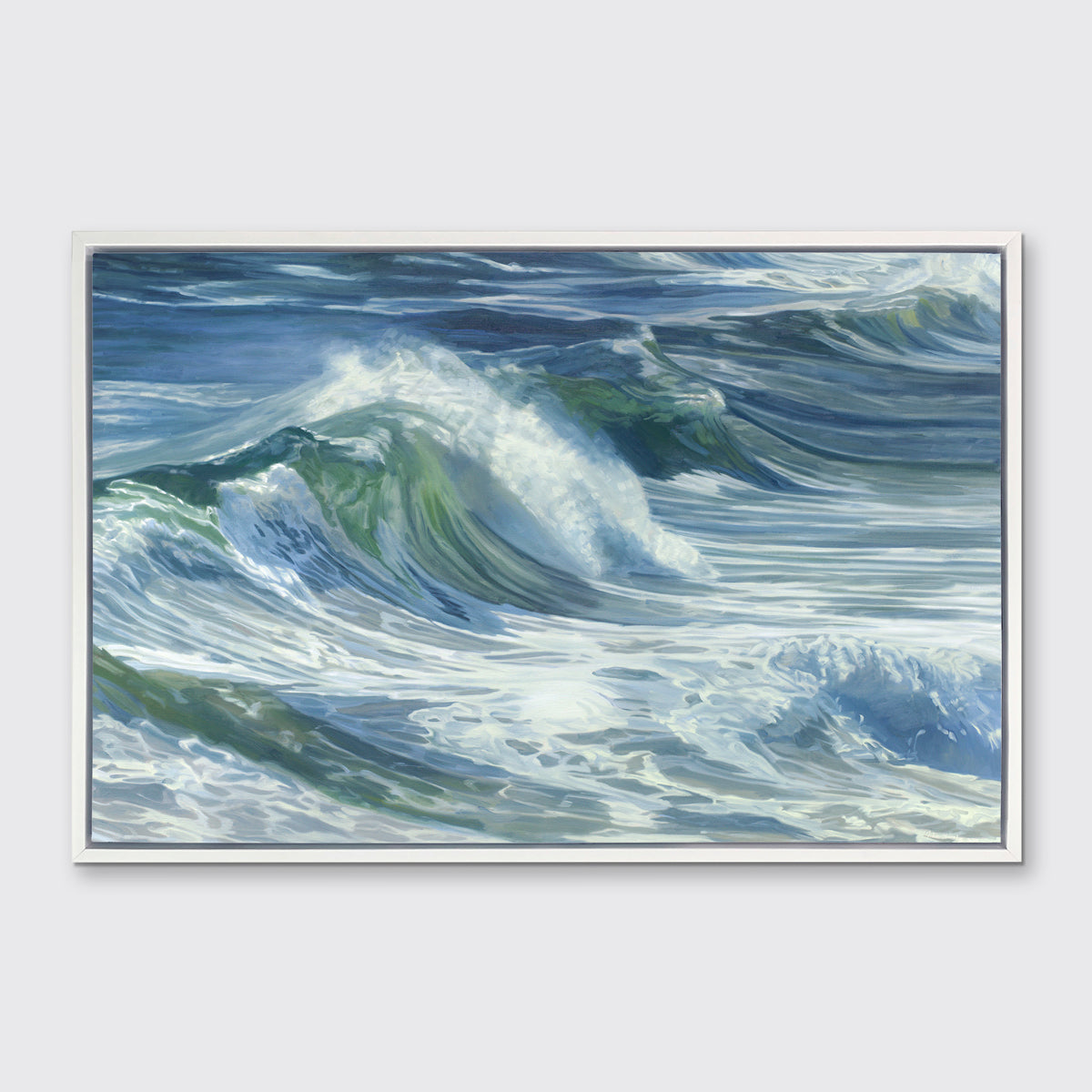 A blue, white and green abstract print of waves in a white floater frame hangs on a white wall.