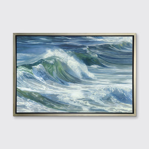 A blue abstract wave print in a silver floater frame hangs on a white wall.