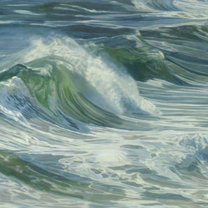 A painted scene of rolling waves crashing along the ocean. 