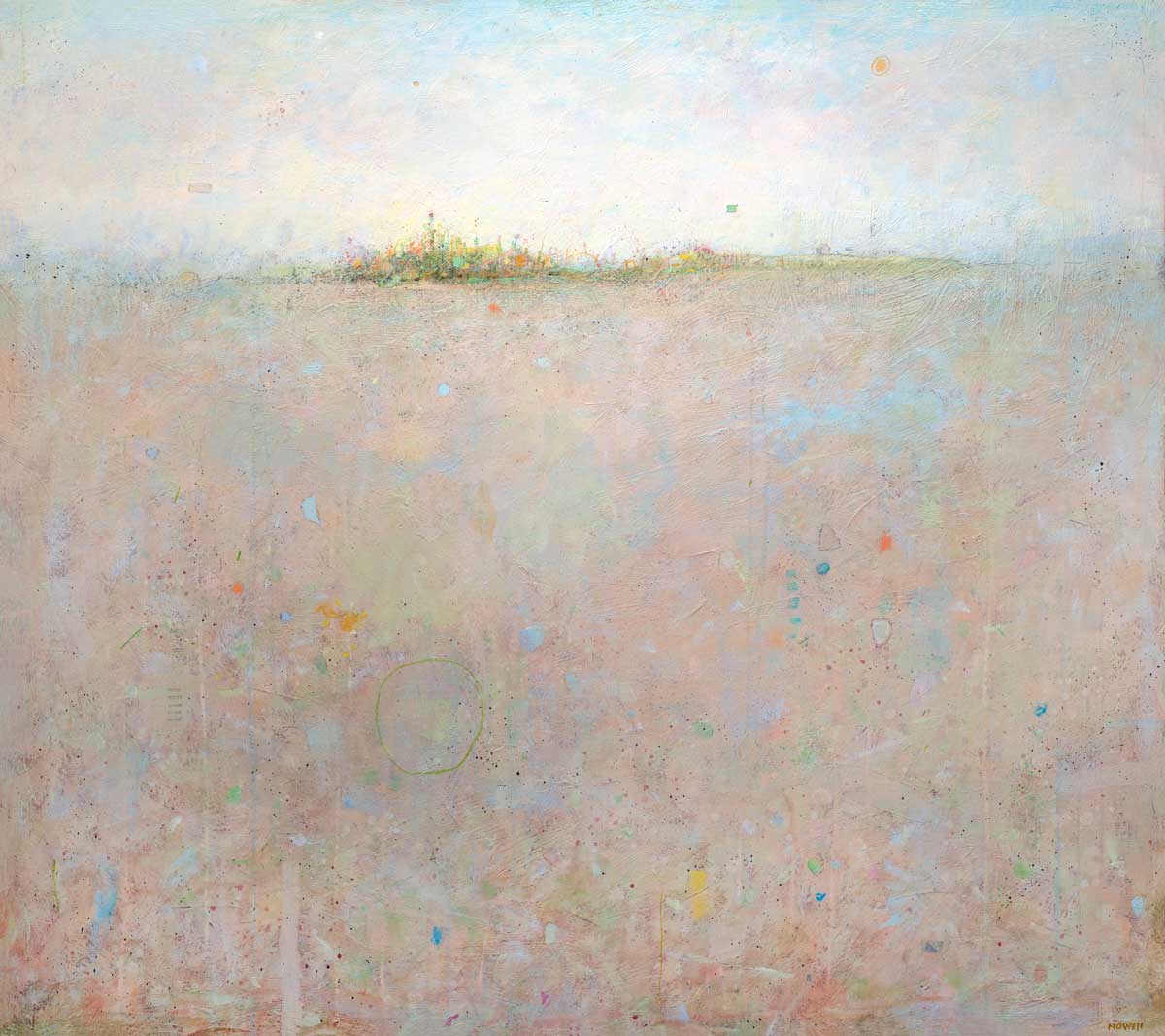 A peach abstract landscape print with green and blue accents by Elwood Howell.