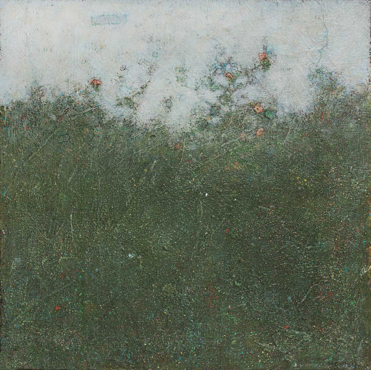 A dark green abstract landscape with small peach colored flowers, a light blue sky and multicolored accents.