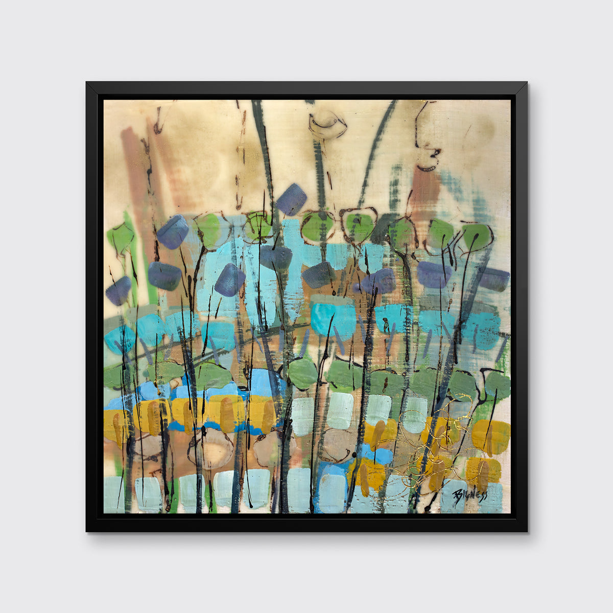 A blue, green, gold and brown abstract floral print in a black floater frame hangs on a white wall.