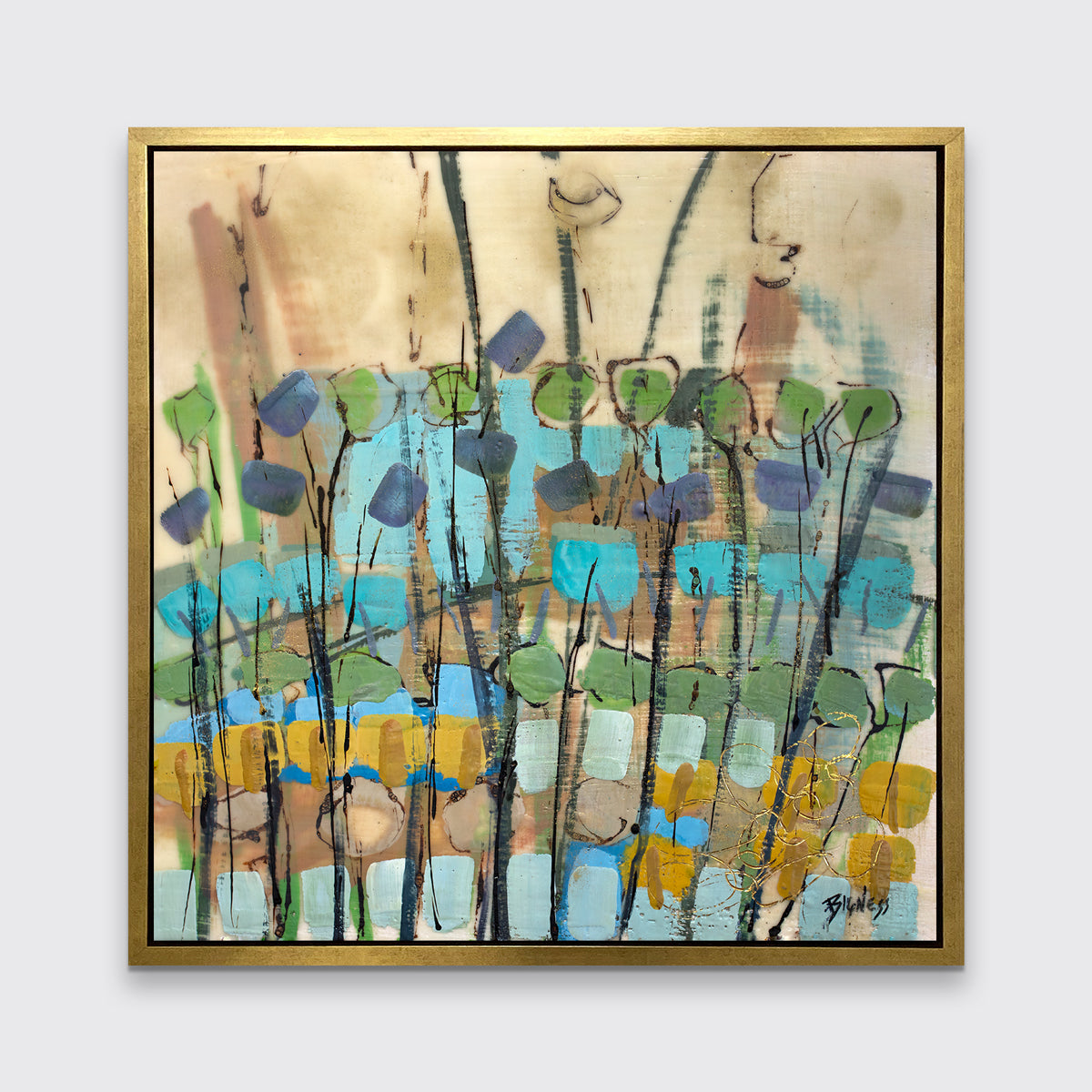 A blue, green, gold and brown abstract floral print in a gold floater frame hangs on a white wall.