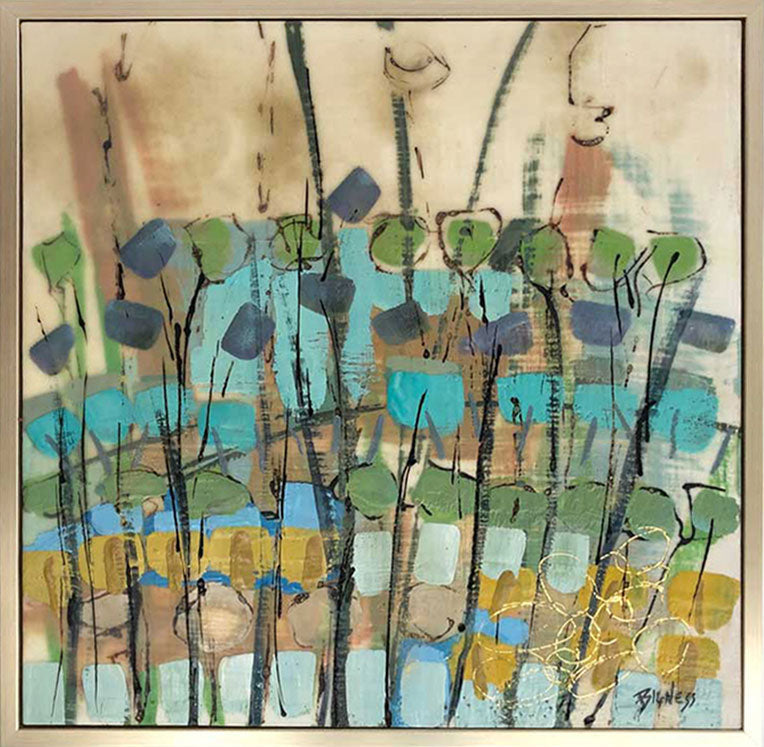 A nature-inspired abstract encaustic painting, framed in a gold floater frame. 
