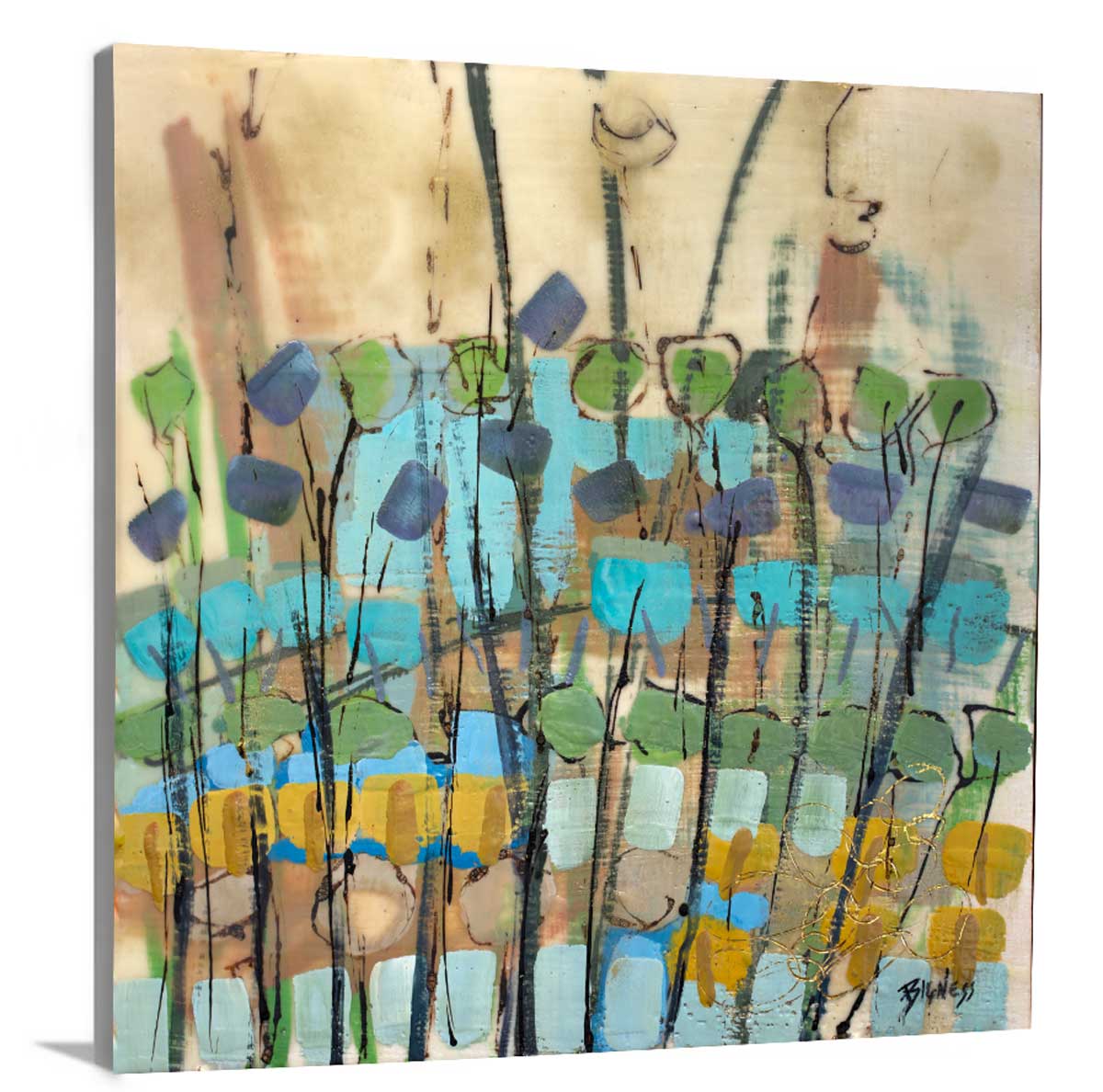 A side-angle view of a blue, green, gold and brown abstract floral print on canvas.