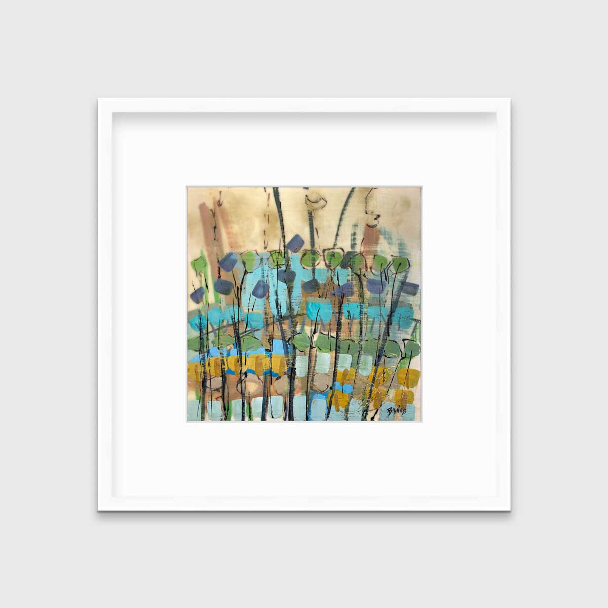 A blue, green, gold and brown abstract floral print in a white frame with a mat hangs on a white wall.