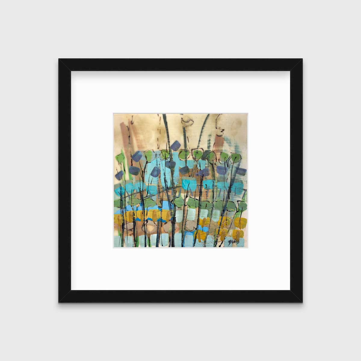 A blue, green, gold and brown abstract floral print in a black frame with a mat hangs on a white wall.