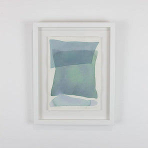 A watercolor painting of blue and turquoise stacked forms hung on a gallery wall. Wired and ready to hang.