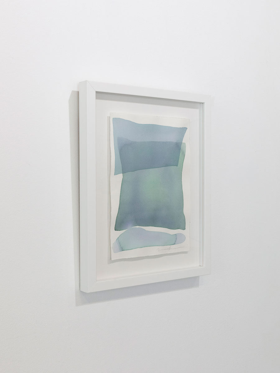 A watercolor painting of blue and turquoise stacked forms seen at an angle on a gallery wall. Wired and ready to hang.