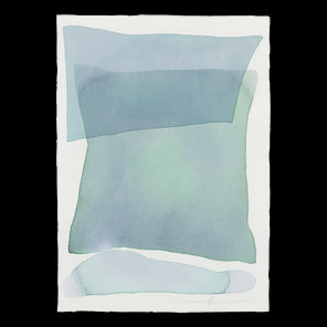 A watercolor painting of blue and turquoise stacked forms. Wired and ready to hang.
