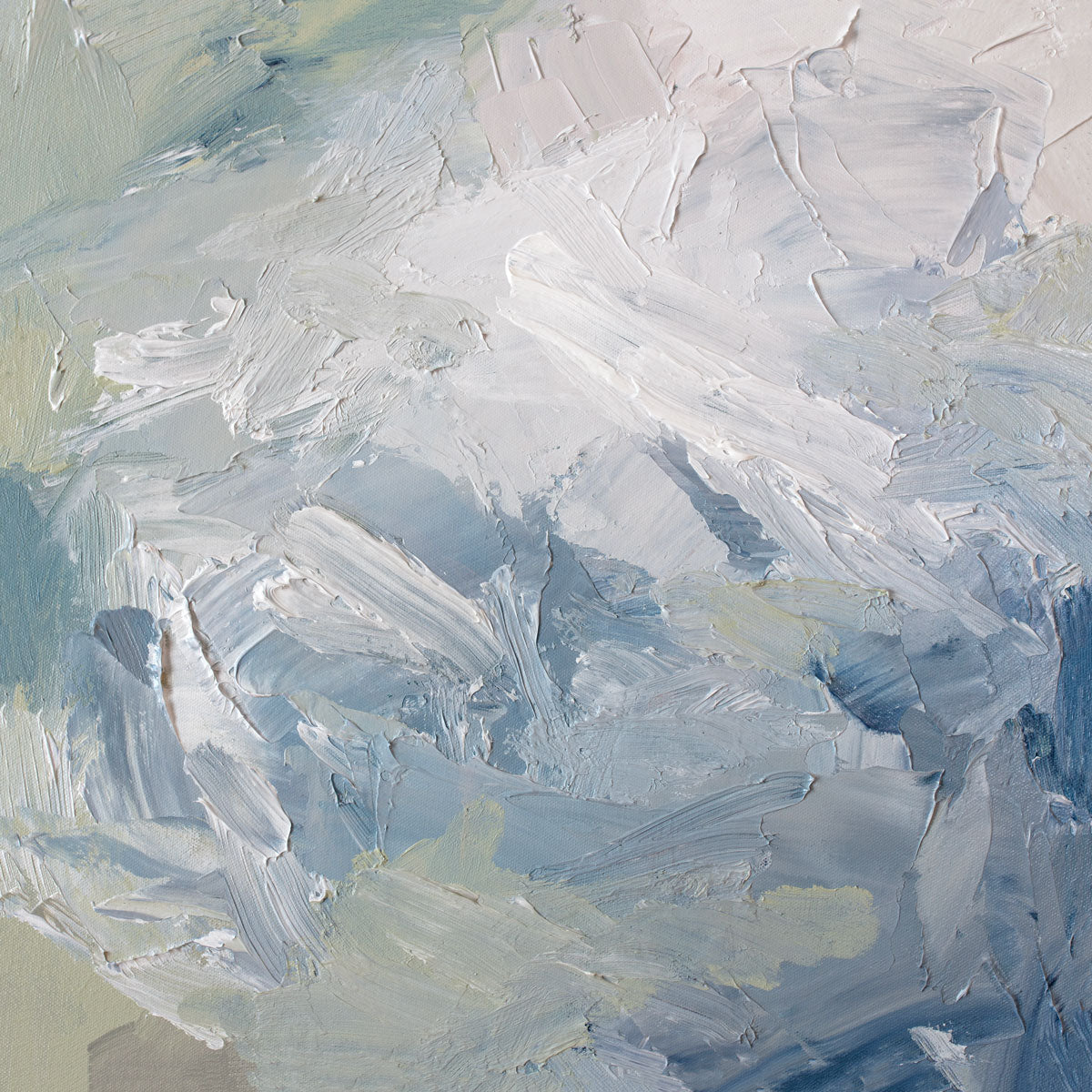 White, blue and green paint is applied in a thick impasto to the canvas surface of the painting. Wired and ready to hang.