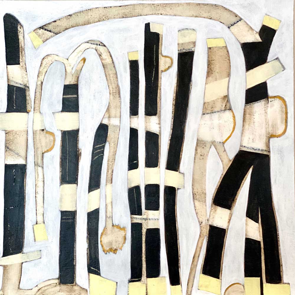 Dancers #4 painting by Sofie Swann with abstract black, umber, and yellow shapes on a white background. 