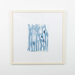 An abstract painting of blue and beige tree-like forms is hung on a gallery wall.