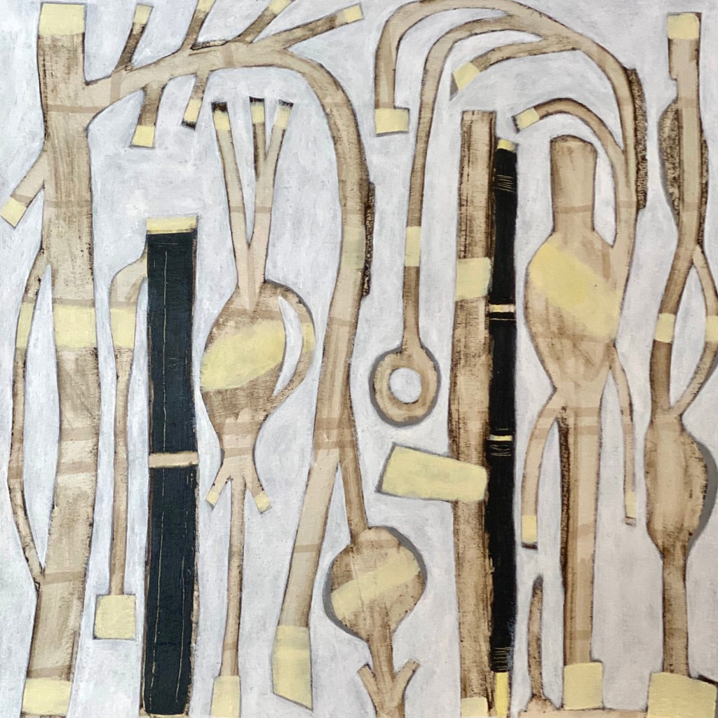 Dancers #7 painting, with brown, black, and yellow abstract shapes on a white background.