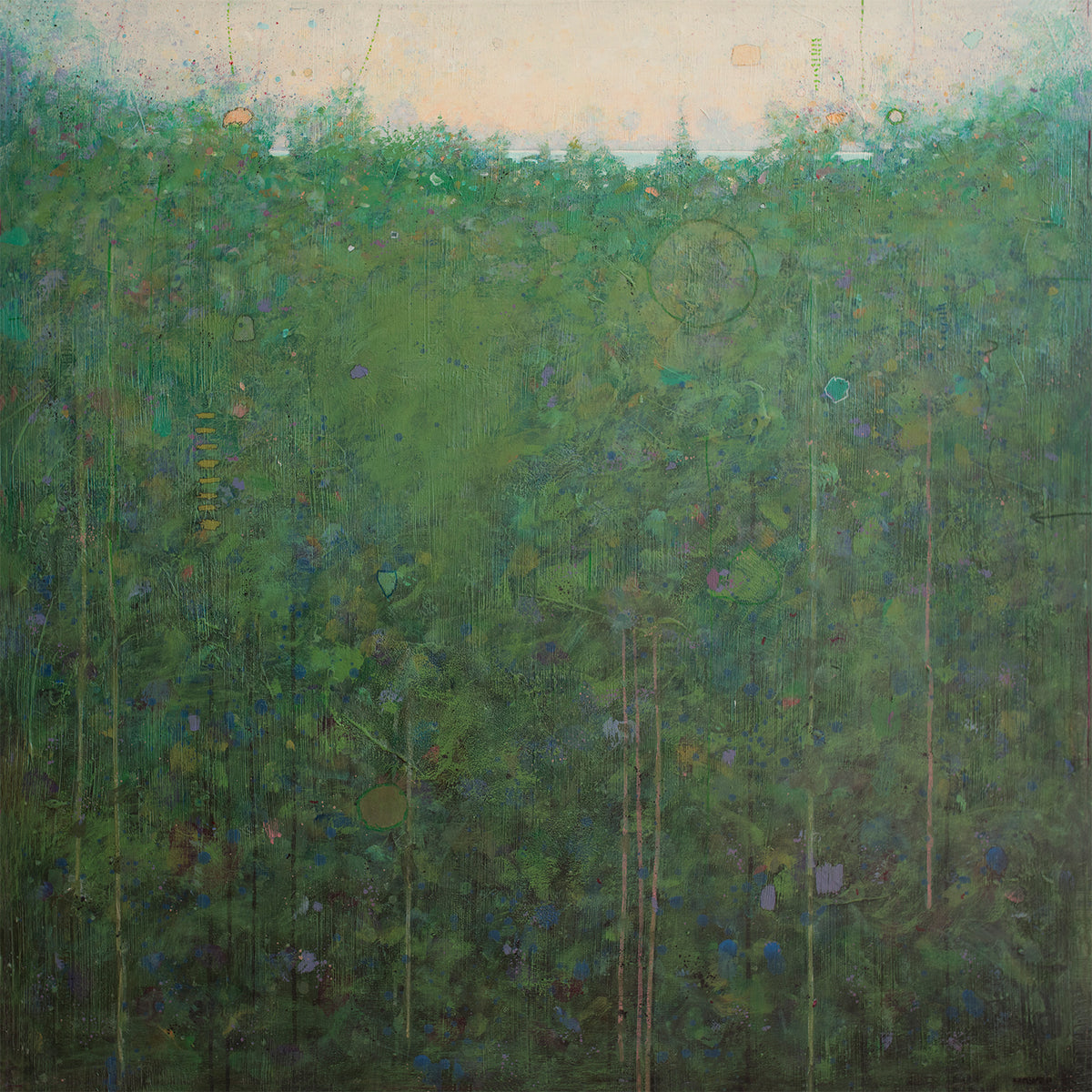A green abstract landscape by Elwood Howell with yellow, blue and purple accents.
