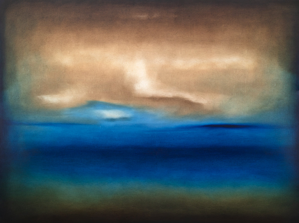 A dark brown, blue, white and teal abstract landscape print by Tony Iadicicco.