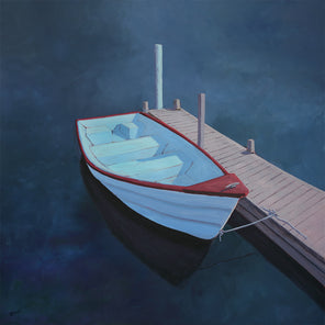 Painting of a light blue boat with red trim, next to a tan dock to the right, surrounded in sapphire blue water.