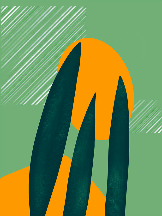 An abstract print of a green desert plant in front of light green and orange organic shapes with square white linear lines by Hazal Ozturk. 