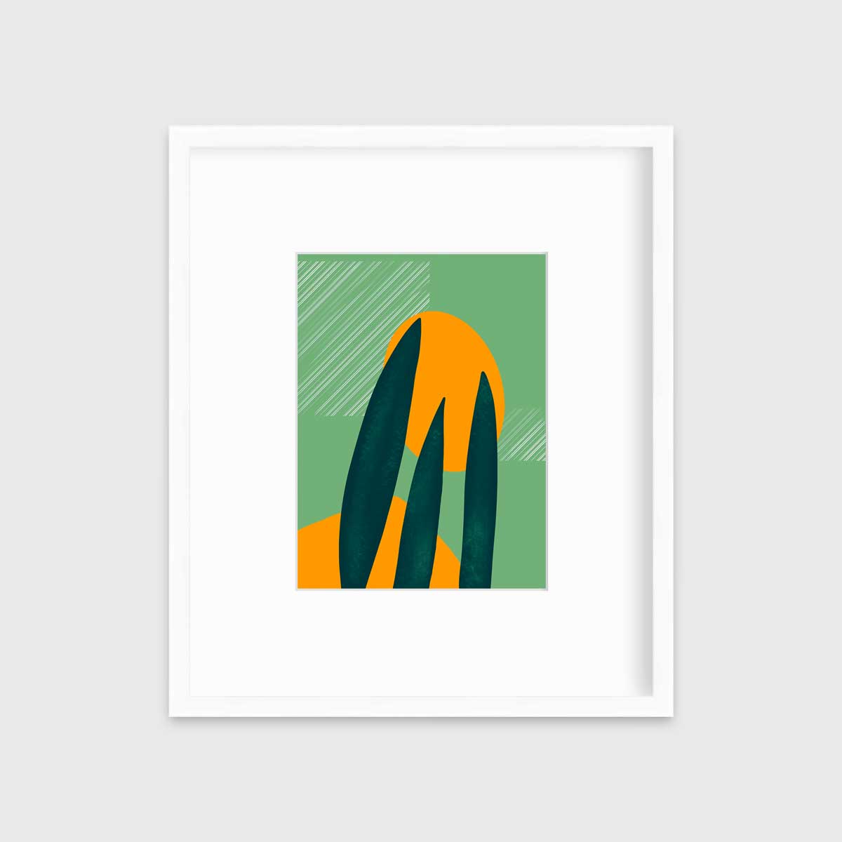 An abstract print of a green desert plant in front of light green and orange organic shapes with square white linear lines in a white frame with a mat hangs on a white wall.