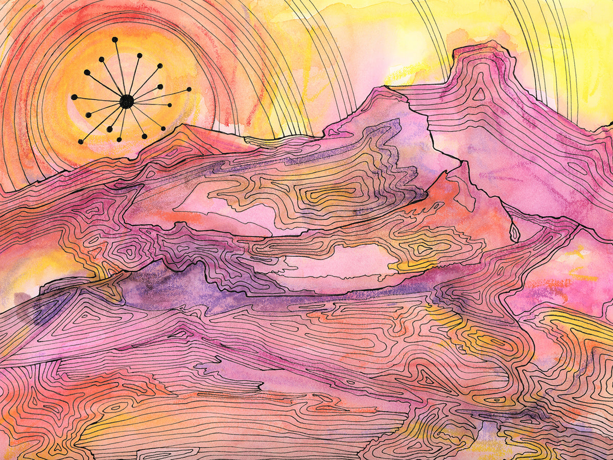 A pink, yellow and orange abstract landscape print with black outlines by Melissa Kircher.